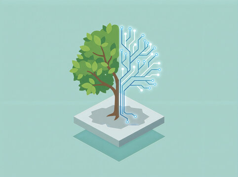 Tree half leaves half circuit board branches nature technology balance isometric illustration