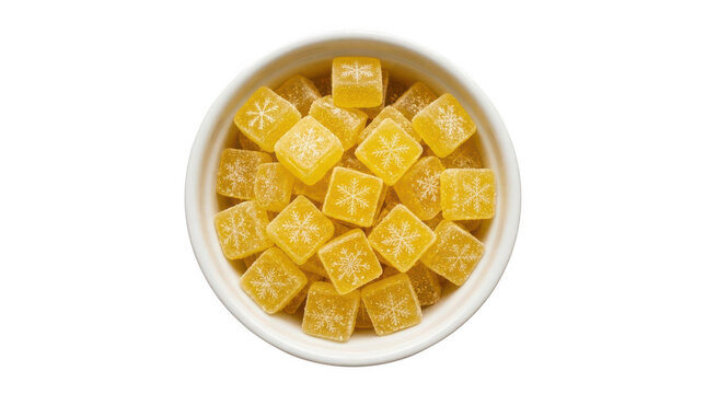 Bowl of yellow gummy candies with snowflake patterns isolated on transparent background