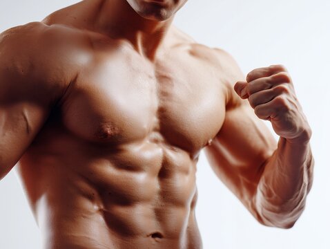 力強く拳を握りしめて筋肉を誇示する腹筋と大胸筋が美しく引き締まった逞しい男性の身体