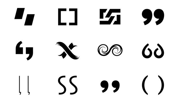 Collection of twelve creative design variations of black quotation marks and brackets on a plain white background.