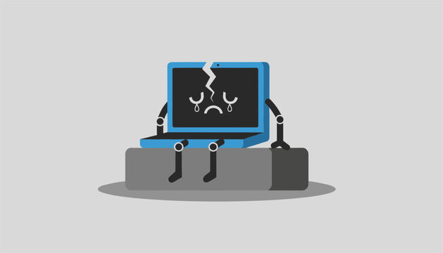 Cute sad robot laptop with a cracked screen sitting on a grey block representing technology failure.