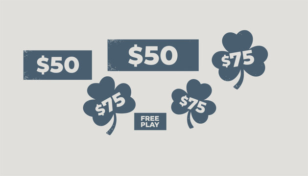 St Patricks Day themed promotional labels and price tags with shamrock shapes and fifty and seventy five dollars text.