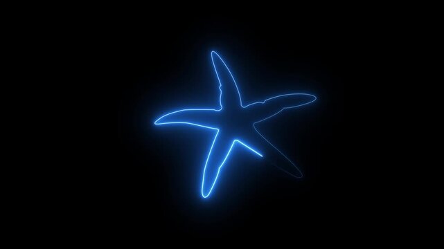 Glowing neon starfish outline animation with luminous marine sea star icon on black background 4k motion graphics