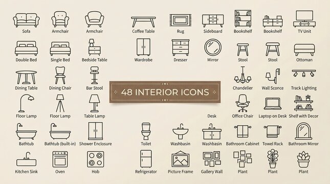 Minimalist interior design furniture icon set featuring clean line art illustrations of household items like sofas beds tables lamps and bathroom fixtures for architectural projects