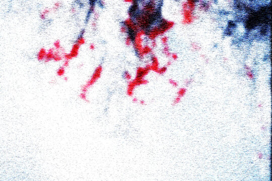 Abstract noisy digital glitch texture with red and blue stains on white background