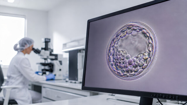 Embryologist views IVF blastocyst on monitor in fertility laboratory for reproductive medicine and infertility research.