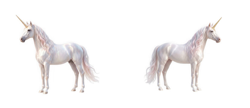 Two majestic unicorn horses isolated on transparent background