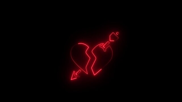 Neon broken heart pierced by arrow animation symbolizing heartbreak, separation and lost love.4K