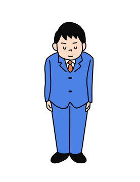 頭を下げてお辞儀や挨拶をする青いスーツ姿の男性のイラスト