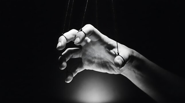 Conceptual image of a hand controlled by strings like a puppet.