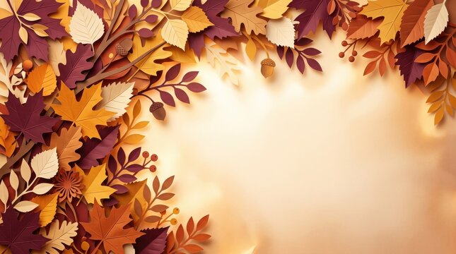 Autumn paper cut leaves background, decorative fall foliage border, warm seasonal botanical frame for thanksgiving greeting cards