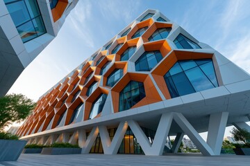 Fototapeta premium Wide low angle view of honeycomb orange facade with v column supports and glazed windows for modern building exterior background and architectural banner