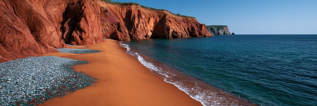 Wide red cliff beach with smooth orange sand and deep blue sea for coastal wallpaper and travel poster background