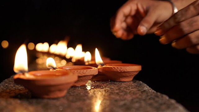 Man lighting clay oil lamps as a row of flames glows during a spiritual festival ritual diwali, symbolizing prayer, devotion, tradition, and inner light.