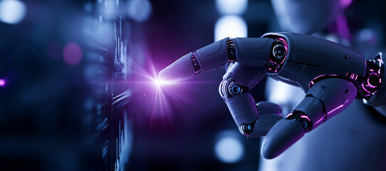 Fototapeta premium Close-up of a humanoid robot finger gently touching a glowing digital interface