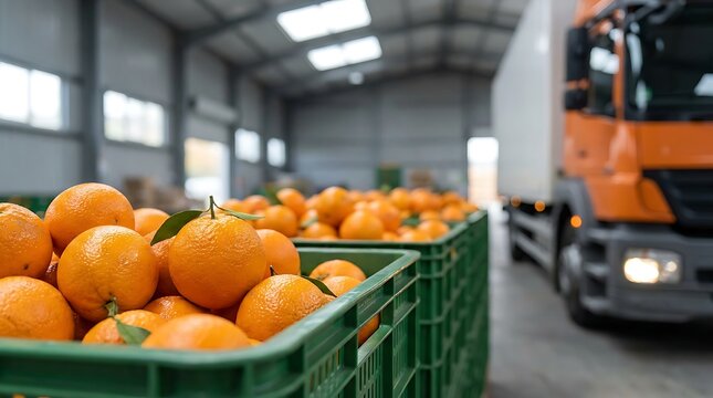 Fresh oranges stacked inside green plastic crates at warehouse loading dock with orange truck background for fruit wholesale export and shipping logistics sector.
