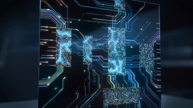 Glowing circuit board design dominates dark background. Futuristic circuit patterns pulse with cool blue light. 