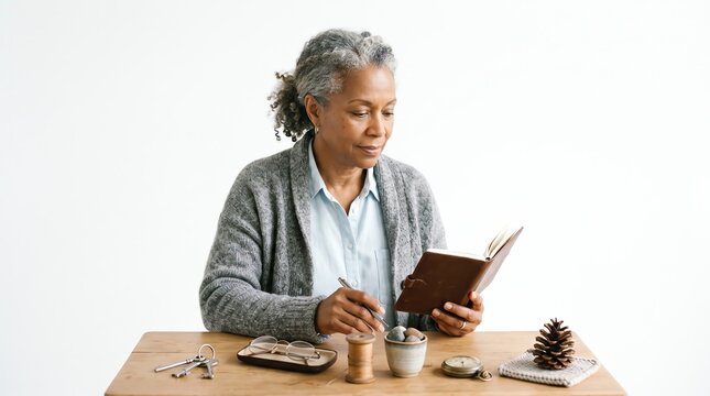 Senior African American Woman Writing in Journal at Wooden Table