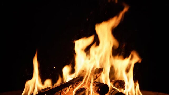 Wood fire burning with dynamic golden flames against a dark backdrop