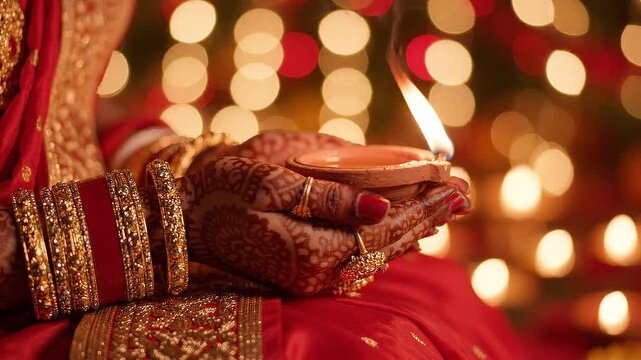 Woman holding a glowing oil lamp with henna decorated hands during Diwali celebration, traditional Indian festival ritual surrounded by lights and festive decor