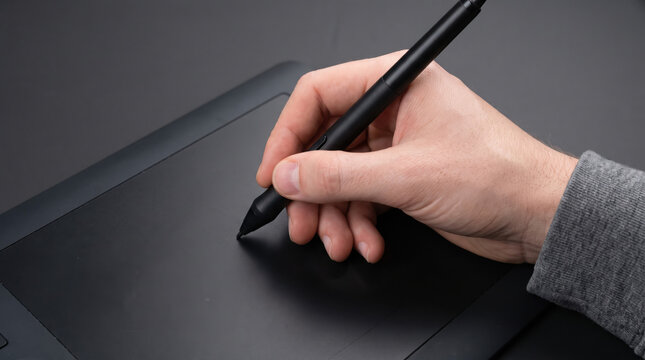 Digital artist hand using stylus pen on graphics tablet for drawing and design