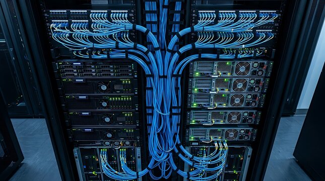 Data center server rack with organized blue network cables.