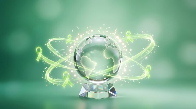 World Lymphoma Awareness Day Concept with Glass Globe and Green Ribbons