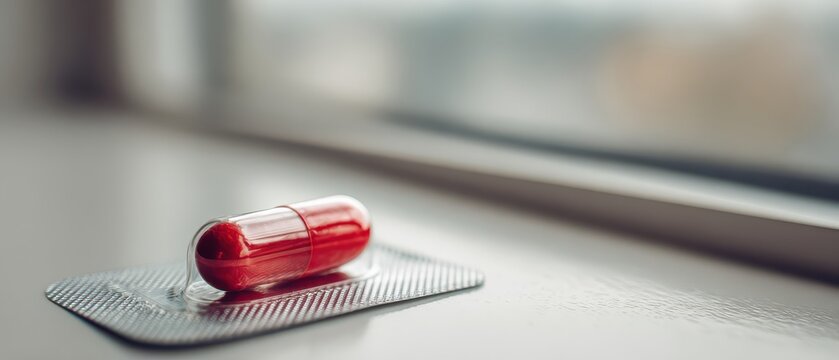 Single red capsule pill in transparent blister packaging on light surface. Pharmaceutical concept of medication, healthcare treatment, pharmacy product and medical dosage.