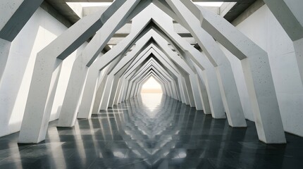 Obraz premium Modern concrete tunnel with geometric arches and reflective floor
