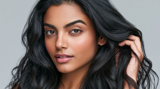With voluminous wavy dark hair cascading around her face, this Indian woman's close-up portrait captures natural haircare beauty, healthy shine, and confident everyday elegance.