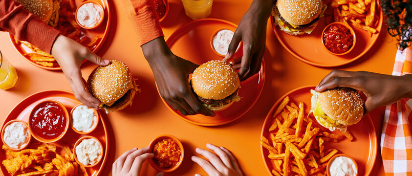 Vibrant overhead shot of diverse hands reaching for juicy burgers on retro orange trays perfect for fast casual dining campaigns, food delivery apps, and social dining concepts.