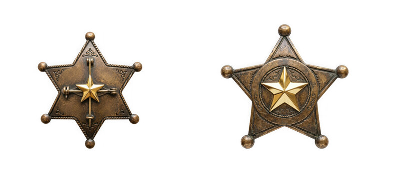 Two antique bronze sheriff star badges with gold accents isolated on transparent background