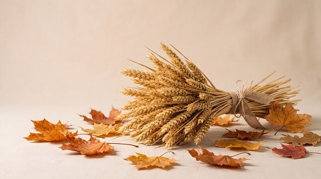 A tied sheaf of wheat lying horizontally surrounded by dry autumn leaves on a warm light background.