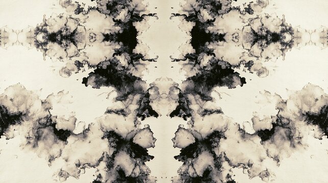 Abstract symmetrical ink blot background in black and white, Rorschach style pattern on textured paper for artistic design.