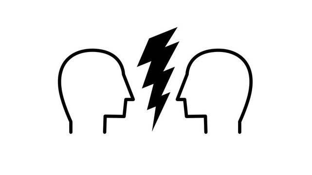 Two head profiles facing each other with a jagged lightning bolt striking between them symbolizing rising tension conflict or a heated disagreement