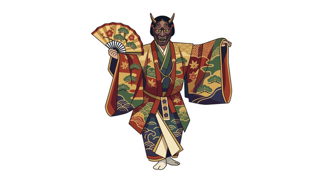 Japanese Noh Theater Performer with Oni Mask Illustration