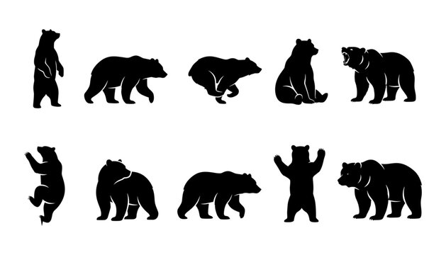 Bears in Varied Standing and Walking Poses as Black Silhouettes