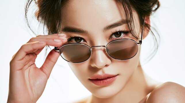 Peering over stylish oval sunglasses, this Korean woman's close-up portrait blends fashion-forward eyewear with natural glowing skin, representing modern confidence and everyday style.