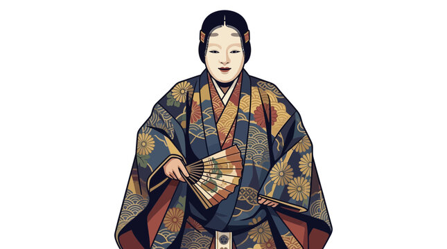Japanese Noh Theater Performer with Traditional Fan Isolated