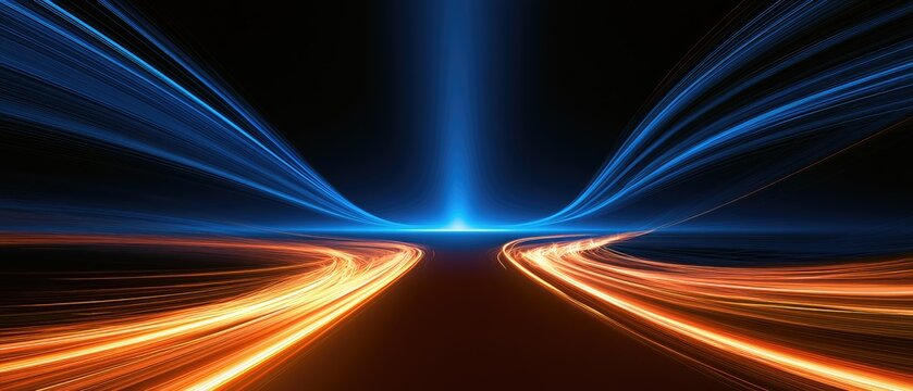 Abstract luminous trails of orange and blue light diverge and converge