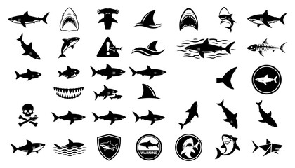 Fototapeta premium Sharks and Ocean Predator Warning Icons in Black Silhouette Style