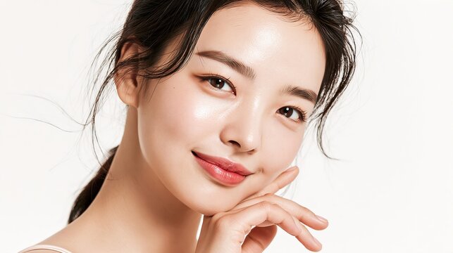 Resting her chin gently on her hand, this Korean woman's soft, glowing expression conveys thoughtful elegance and calm confidence, representing quiet beauty and self-reflection.