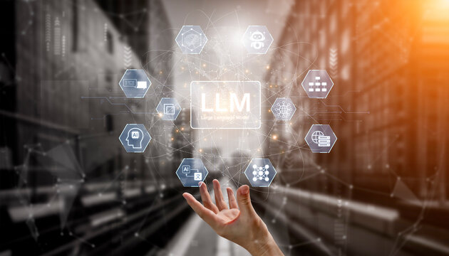 Large Language Model LLM processing data. Represents deep text learning, natural language processing NLP AI tech, transformer architecture, and generative AI deep learning future technology. Corpus