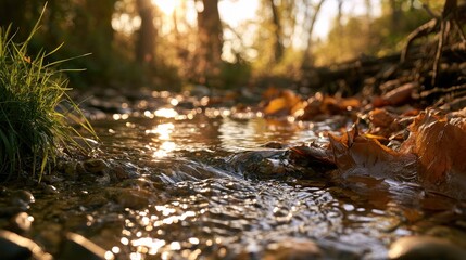 Fototapeta premium Sunlit forest stream flows over rocks and fallen leaves