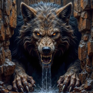 This is a digital painting depicting a snarling werewolf with glowing orange eyes and sharp claws