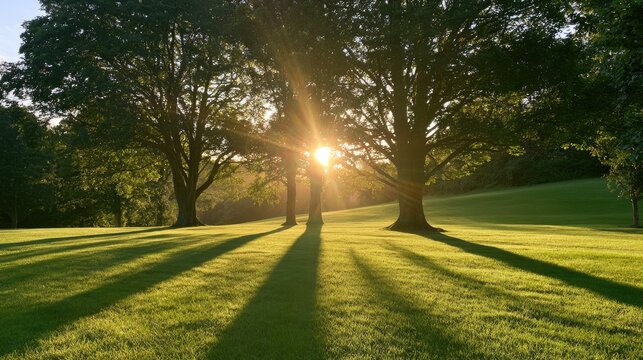 Golden sunbeams pierce through tall trees casting long shadows on a lush green lawn