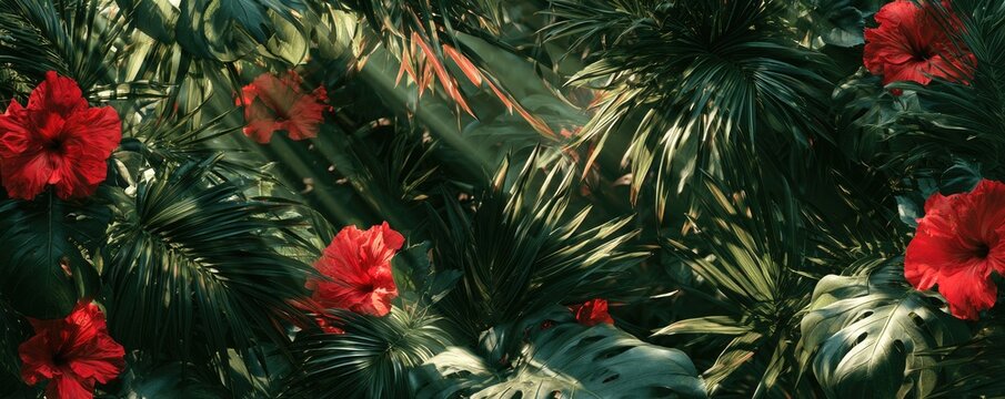 Lush, dense jungle foliage with vibrant red hibiscus blossoms and soft light rays