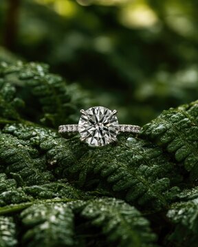 Sparkling diamond ring set on lush green fern frond
