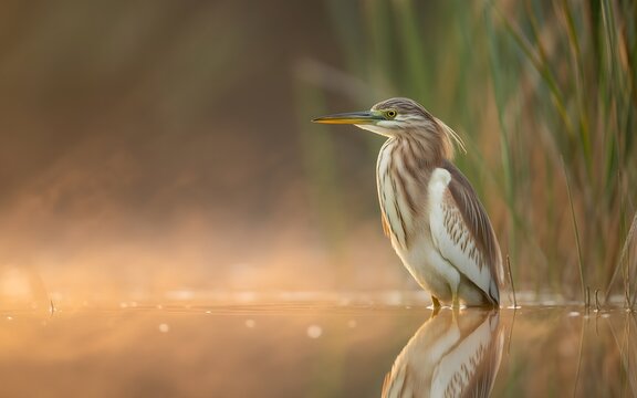 Garza cangrejera de pie en el agua con reflejo entre juncos durante un amanecer brumoso
