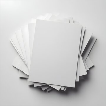 Pila de hojas de papel blanco A4 en abanico sobre fondo blanco, maqueta y espacio de copia